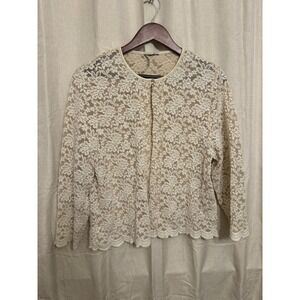 Women's Floral Lace Cardigan Cream Sheer Scalloped Hem Grandma Cottage Core XL